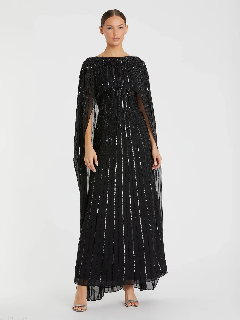 Mac Duggal 93869 Black Embellished Beaded Column Cape Gown Size 16 NWT